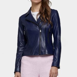 Womens Navy Blue Slim Fit Leather Jacket